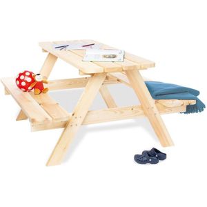Kinderpicknickbank - Kinderbuitentafel - Bank van massief hout - Natuurlijke afwerking - 118 cm x 119 cm x 65 cm