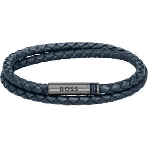 BOSS HBJ1580494M ARES Heren Armband - Gevlochten armband - Sieraad - Leer - Blauw - 5 mm breed - 19 cm lang