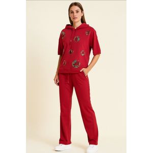 Dames Trainingspak- Loungwear- Huispak- Met Capuchon- Korte Mouw Met Steentjes Bordeaux Maat XXL