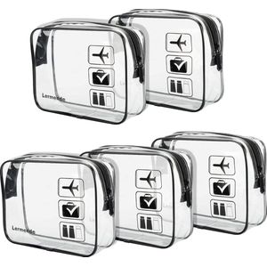 Set van 5 Lermende transparante toilettas, TSA goedgekeurde make-uptas, reizen, handbagage, transparante tas, luchthavenconforme tas, reisaccessoires kwartformaat, 3-1-1 bagagetas (paars)