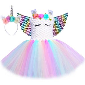 Regenboog Unicorn verkleedkleding SET - Jurkje + vleugels + haarband - Verkleedkleding voor kinderen - Meisje - Eenhoorn regenboog - Roze - Glitter - Prinsessenjurk - Cadeau meisje