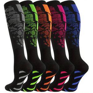 5 Paar Compressiesokken, Hardloopsokken & Steunkousen voor Heren en Dames, Ademend, Antislip Boord, Zweetafvoerend, Gestreept, Lange Sportkniekousen, Machinewasbaar (S/M))