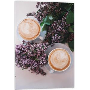 Forex - Twee Kopjes Koffie bij Bloemen - 60x90cm Foto op Forex