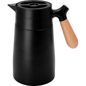 Koffiepot van roestvrij staal met houten handvat - 1,6 l dubbelwandige kan voor dranken - vacuüm geïsoleerde thermoskan - voor koffie thee water - thermosfles in zwart