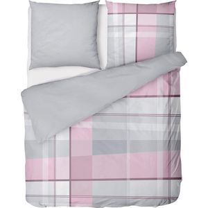 Flanellen beddengoed, 135 x 200 cm, roze, 2-delig, beddengoed, grijs-roze, omkeerbaar beddengoed, 135 x 200 cm, geruit/effen kleuren, 100% katoen