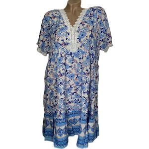Dames katoenen jurk / tuniekjurk 6685 bloemenprint M/L blauw