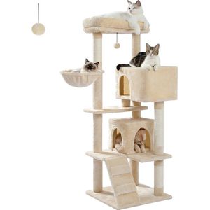 Gran Vida® - Katten Krabpaal - Ruime Planken en Hangmat - Ideaal voor Grote Katten - Afneembare Pluche Kussens - Hygiënisch en Onderhoudsvriendelijk - Beige - 49 x 49 x 143