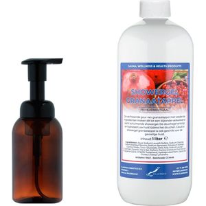 Zeepdispenser 300 ml amber bruin hervulbaar + 1 liter Showergel Granaatappel navulling