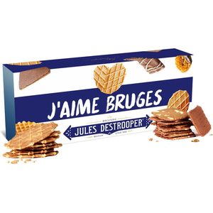 Jules Destrooper Natuurboterwafels (100g) & Amandelbrood met Belgische melkchocolade (125g) - ""I love Bruges / j’aime Bruges"" - Belgische koekjes - 225g