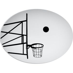 PVC Schuimplaat Ovaal - Bal Vallend in Basket (Zwart-wit) - 80x60 cm Foto op Ovaal (Met Ophangsysteem)