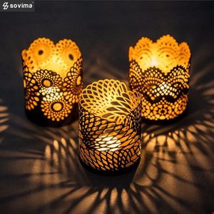 Sovima - theelichthouder zwart goud metaal set van 3 diameter 8,5 + 10,5 cm hoog, lantaarnornamenten als aantrekkelijke tafeldecoratie met 3 designs, woonkamerdecoratie, uniek cadeau voor Kerstmis