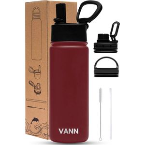 VANN® 3-Wandige Waterfles 500 ML met rietje voor volwassenen – Met 5 accessoires + 25 recepten – RVS bidon – 24 uur koud/12 uur warm – Rood