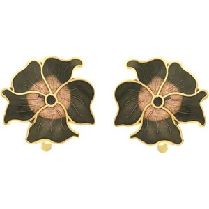 Behave Dames clip oorbel bloem zwart bruin emaille - 2 cm doorsnede