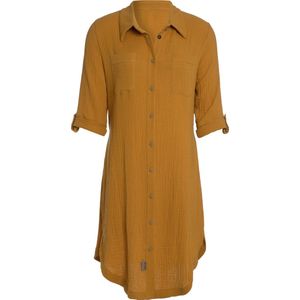 Knit Factory Kim Dames Blousejurk - Lange blouse dames - Blouse jurk geel - Zomerjurk - Overhemd jurk - S - Oker - 100% Biologisch katoen - Knielengte