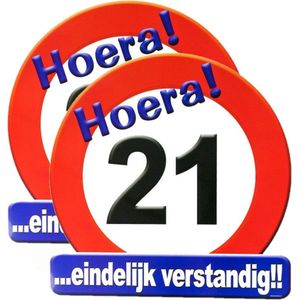 2x stuks hulde stopbord 21 jaar 50 x 50 cm - Feestartikelen/versiering verjaardag leeftijden - Verkeersbord