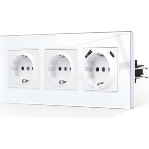 Inbouwstopcontact met USB-aansluiting en glazen frame - wit - 3-voudig - Schuko - max. 21 A - type C - USB-A