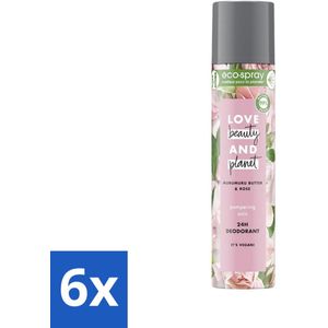 6 x Love Beauty and Planet - Deospray - Murumuru Butter & Rose - 75 ml - Deodorant - Antitranspirant - Rozengeur - Murumuru Boter - Vegan Deodorant