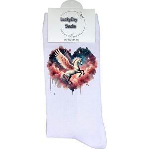 Eenhoorn - Opkikkertje - Fantasie - Hartje - Valentijn - Liefde - Vleugels - Grappige sokken - Valentijn cadeau - Verjaardag - Geluk - Grappige sokken - Leuke sokken - Vrolijke sokken - Kleur - Kerst sokken - Vaderdag - Moederdag - Socks maken Happy