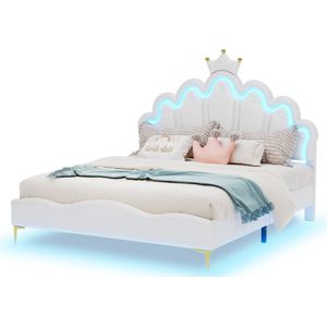 Merax 140x200cm Flat Tweepersoonsbed - Prinsessenbed met Kroon - Zacht PU Leer - Aanpasbare LED Sfeerverlichting - Wit