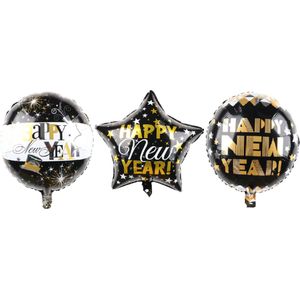 Happy New Year Set Ballonnen Goud/Zwart - 45x45 - 3 stuks - Vuurwerk - 2022 - Nieuw Jaar - Oud en Nieuw - Ballonnen - Helium Ballon - Oudjaarsavond - Thema feest - Folie ballonnen - Leeg - Versiering