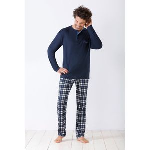 Warme Herenpyjama Hajo met geruite broek - Blauw - Maat - 48