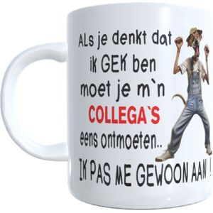 Koffie beker - thee mok - tekst - collega`s - grappig - funny -gek - afbeelding cartoon