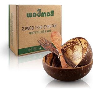Kokos Schaaltjes Set met Houten Bestek | Set van Twee Geüpcyclede Kokosnootschil Schaaltjes | Acai Bowl | Buddha Bowl | Natuurlijke Vegan Cadeau Schalen set
