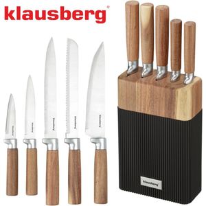Klausberg KB-7981 6 Delig Messenset - 5 Messen met Acacia Houten Blok - Roestvrij Staal Zwart - Messenblok inclusief Messen - Natuurlijke Look - Koksmes - Broodmes -