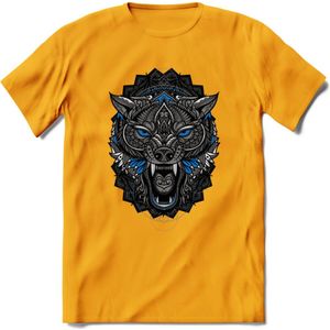 Wolf - Dieren Mandala T-Shirt | Blauw | Grappig Verjaardag Zentangle Dierenkop Cadeau Shirt | Dames - Heren - Unisex | Wildlife Tshirt Kleding Kado | - Geel - XL