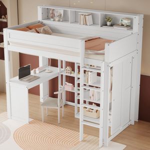 Stapelbed met tafel en kledingkast, kinderbed, met veiligheidshekje, met planken en viertrapsladder, ntegreerde opbergruimte, grenen+MDF+multiplex, wit, 90x200cm