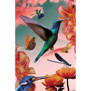 Kleurrijke kolibries met bloemen op Textiel in Frame - WallCatcher | 120 x 180 cm | Breed zwart Textielframe 27 mm | Hummingbirds with flowers op peesdoek