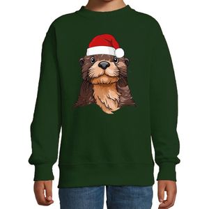 Bellatio Decorations Kersttrui / sweater familie Otter - kinderen - dieren - groen - kerstmuts - Kerstmis 98/104