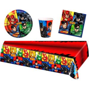Justice League - Superhelden - Feestpakket - Feestartikelen - Kinderfeest - 8 Kinderen - Tafelkleed - Bekers - Servetten - Bordjes