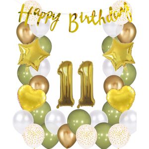 Snoes Ballonnen 11 Jaar Wit Olijf Groen Goud Mega Ballon - Compleet Feestpakket 11 Jaar - Verjaardag Versiering Slinger Happy Birthday – Folieballon – Latex Ballonnen - Helium Ballonnen - Olive Green Verjaardag Decoratie