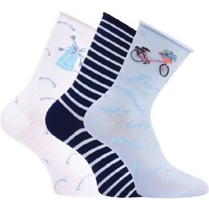 Dames sokken rolrand windmolenmotief - prijs per 3 paar - elastan