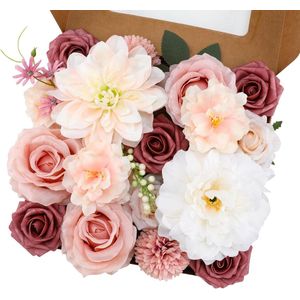 Roze zijden kunstbloemen mix - dahlia rozen - bruiloft decoratie babyshower - woondecoratie bloemstuk kunstboeket