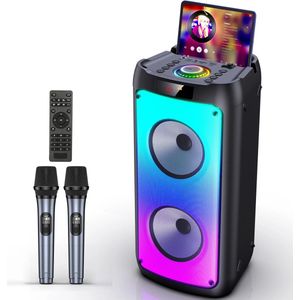 ShaSha Bluetooth speaker - Party speaker - Met 2 draadloze microfoons - Muziek box - Bluetooth karaoke - Draadloze muziek box - Met Led verlichting - Lange batterijduur - Zwart