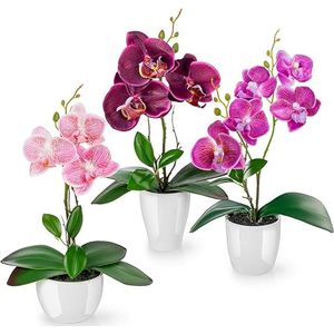 Kunstbloemen in pot, 35 cm, set van 3 orchideeën, kunstmatig afgestemd arrangement in hoogglans keramische potten, decoratieve kunstbloemen, kunstorchideeën (paars-roze)