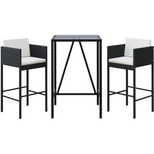 vidaXL Tuinbarset - Tuinbarsets - Bartafelset - Bartafel En Kruk - 3-delige Tuinbarset met kussens poly rattan zwart