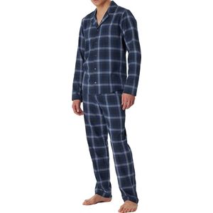 SCHIESSER Comfort Nightwear pyjamaset - heren pyjama lang organic cotton V-hals manchetten borstzak nachtblauw geruit - Maat: M