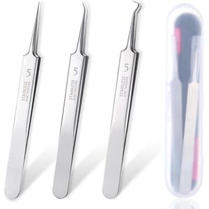 3 Pieces RVS Professionele Blackhead Tweezers - Splint Tweezers - Pointed met Box - Pimple Expression Tools - Silver