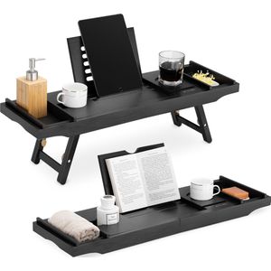 Navaris uitschuifbare badplank van bamboe - Houten badrek verstelbaar van 75-108 cm - Met plek voor boek en wijnglas - Zwart