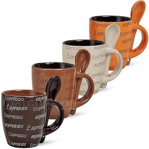 4 espressokopjes met 4 lepels - 8-delige decoratieset, crèmebruin, donkerbruin, oranje, keramische kwaliteit, hoogte 7 cm/50 ml