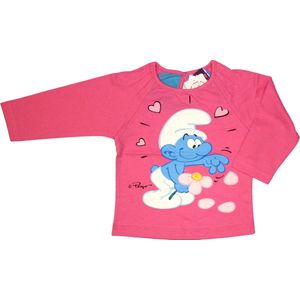 De Smurfen - Meisjes Kleding - Longsleeve - Roze - T-shirt met lange mouwen - Verliefde Smurf met Bloem - Maat 80