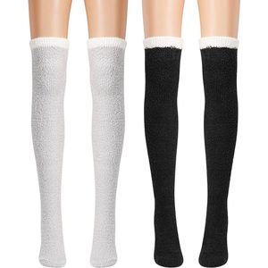 2 Paar Kniekousen voor dames - Kniekousen - Winter Kniekousen Warme Lange Laars - Laarssokken - Katoenen kniekousen - Dames gebreide warme sokken - Winter lange sokken - 60cm - Zwart en Lichtgrijs