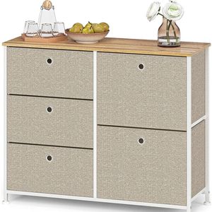 Commode Kasten - met 5 laden van stof, sideboard, tv-kast, metalen opbergsysteem, praktische organizer, bijzettafel voor woonkamer, slaapkamer, hal, keuken, kantoor, staal, hout, wit en beige