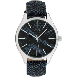 OOZOO Timepieces - Zilverkleurige horloge met donker blauwe leren band - C10434