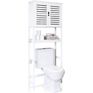 Badkamer boven de toiletopbergkast, 2 deurs bamboe kastorganizer, vrijstaand ruimtebesparend toiletrek met verstelbare binnenplank en open plank (wit)