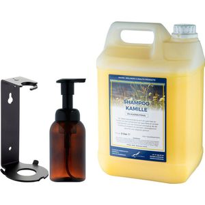 Zeepdispenser 300 ml amber bruin hervulbaar + 5 liter Shampoo Kamille navulling (inclusief beugel)