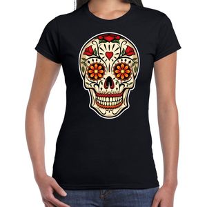 Bellatio Decorations Sugar Skull t-shirt dames - zwart - Day of the Dead - punk/rock/tattoo thema XS